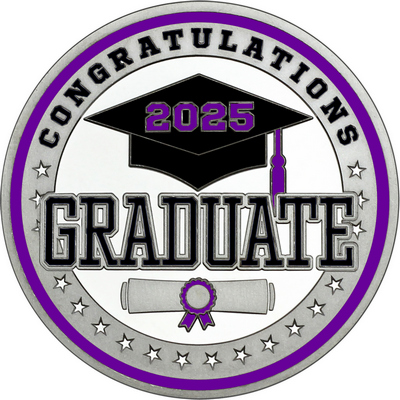 Black "Congratulations Graduate" with Purple 2025, Rim, Tassel & Ribbon